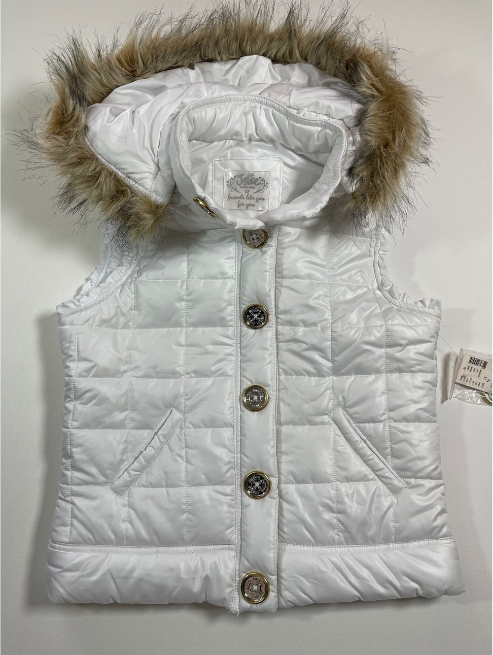 Justice White Puffer Vest with Faux Fur Trim Hood for Girls